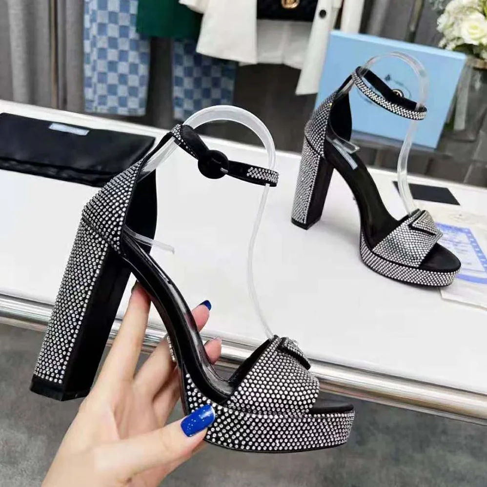 Prada Satin Platform Sandals with Crystals for Women in Black Prada Satin Platform Sandals with Crystals for Women in Black