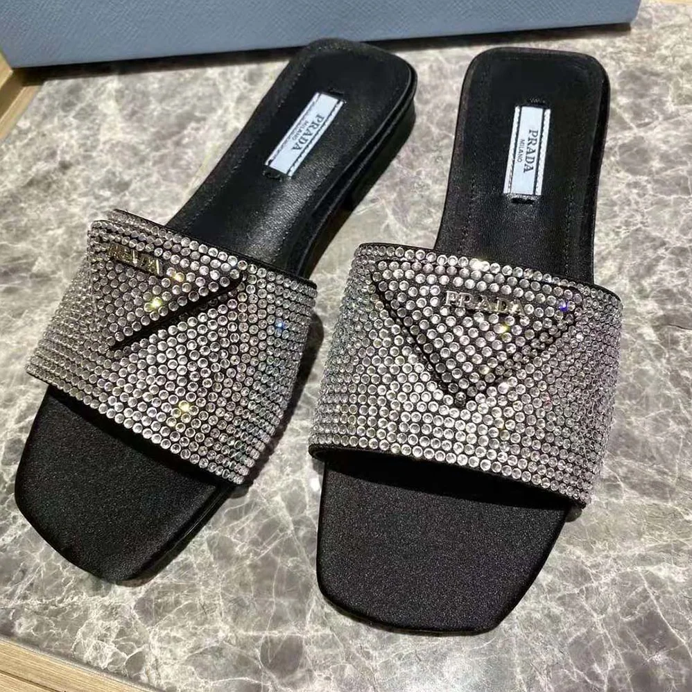 Prada Satin Slides with Crystals for Women in Black Prada Satin Slides with Crystals for Women in Black