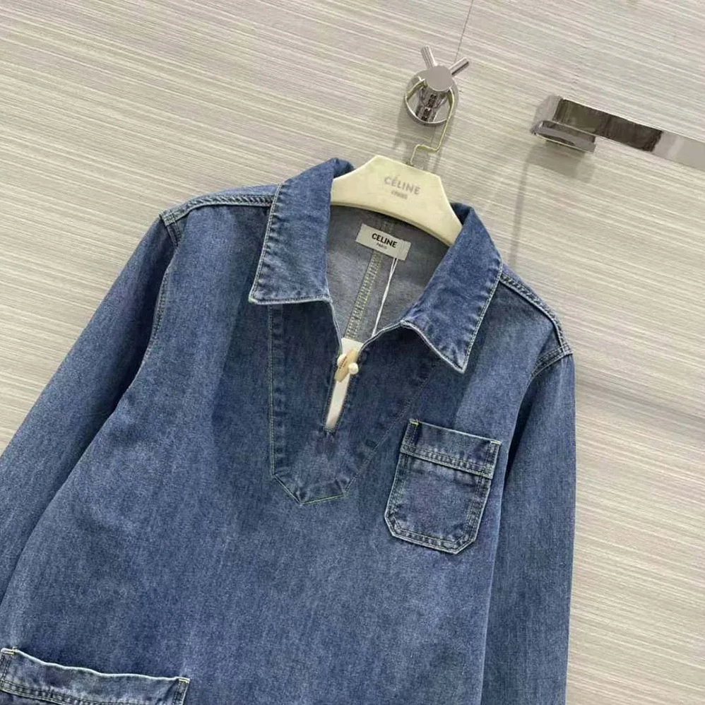 Celine Open-Collar Sweater in Pacific Sky Wash Denim for Women in Navy