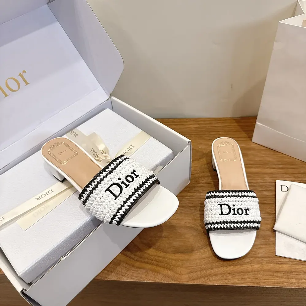 Dior Dioriviera Dior Woven Heeled Slide White Crocheted Raffia for Women in Effect Technical Fabric