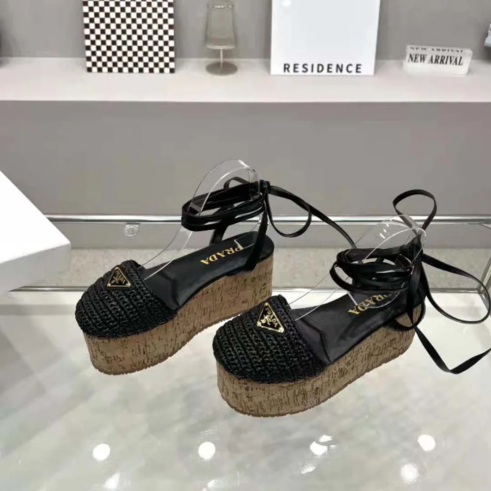 Prada Crochet Wedge Sandals with Enameled Metal Triangle Logo for Women in Black