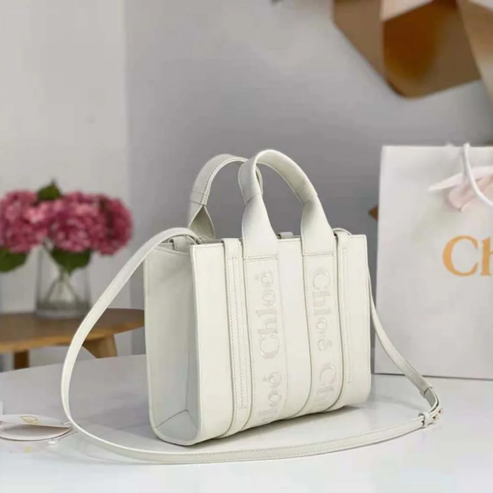Chloe Mini Woody Tote Bag with Embroidered Chloé Logo for Women in White