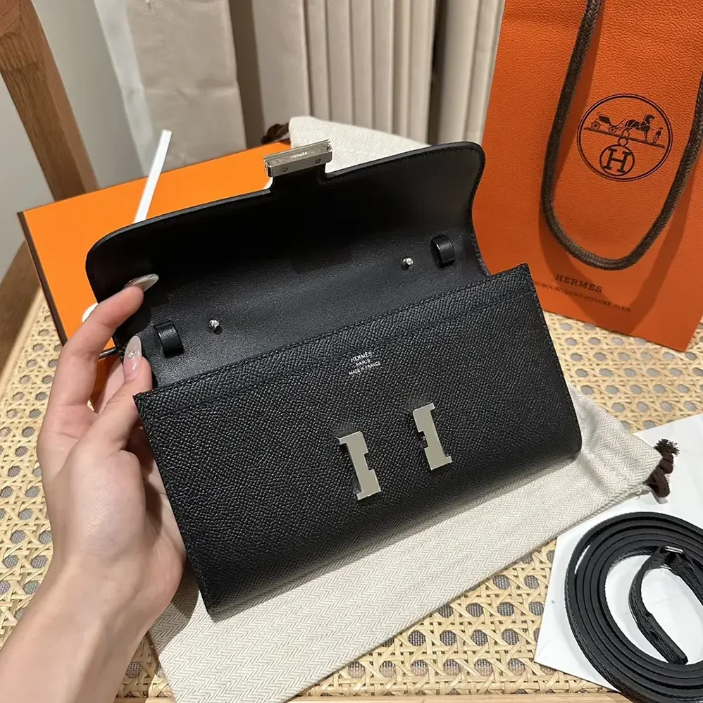 Hermes Constance Long To Go in Epsom Leather for Women in Black/Silver