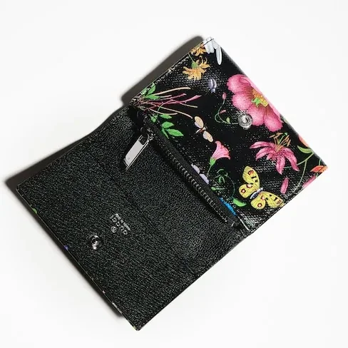 Gucci Flora Motif Bi Fold Card Case / Black in Multicolor Palladium Hardware