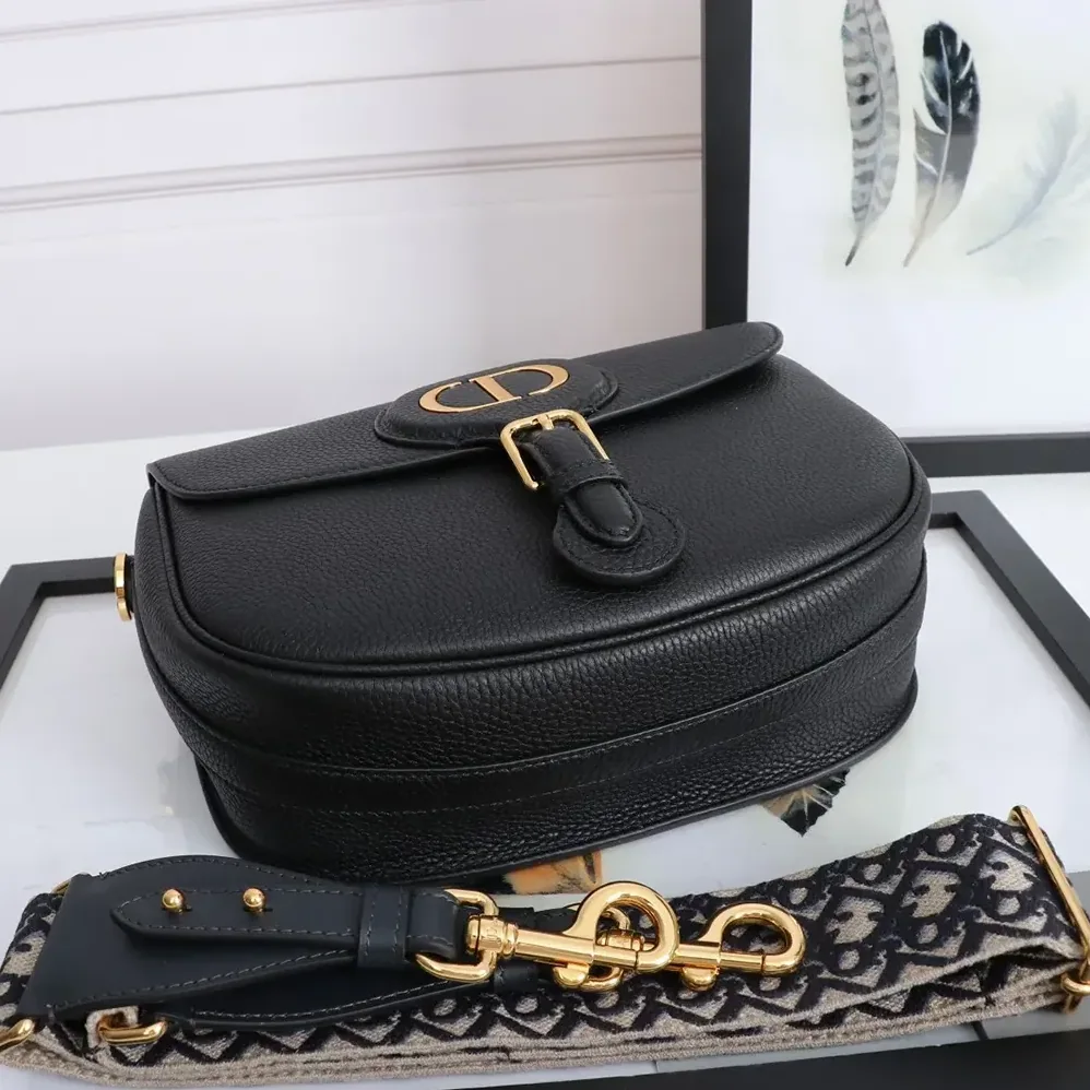 Dior Large Dior Bobby Bag Black Grained Calfskin with Embroidered Shoulder Strap for Women