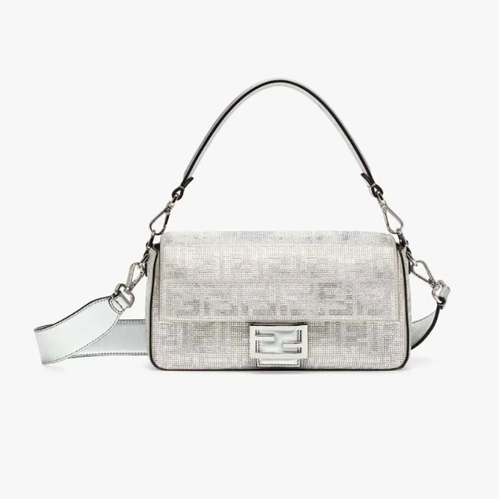 Fendi Baguette Silver Leather Bag with Crystal FF Motif for Women Fendi Baguette Silver Leather Bag with Crystal FF Motif for Women