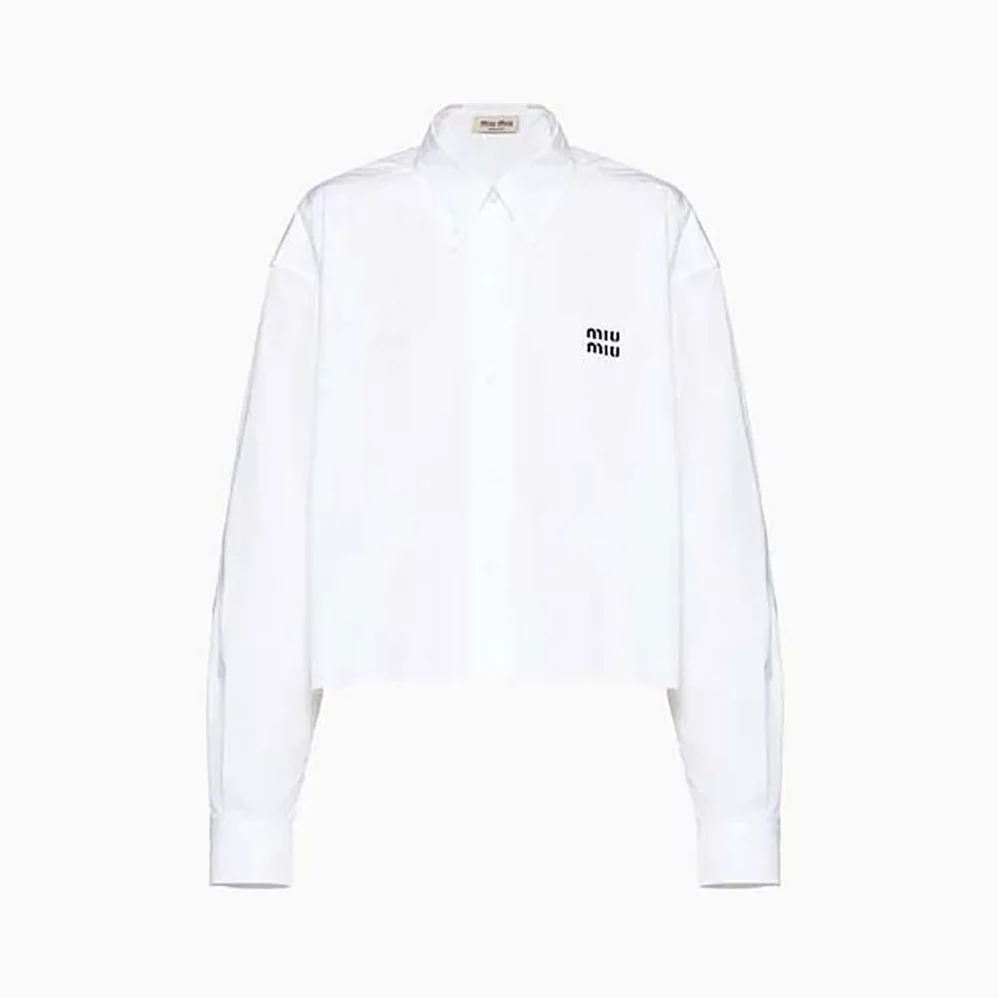 Miu Miu Cropped Poplin Shirt with Embroidered Logo for Women in White