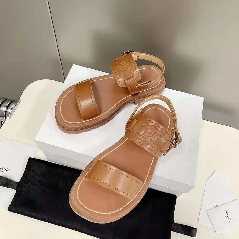 Celine Clea Triomphe Sandal in Vegetal Calfskin for Women in Brown Celine Clea Triomphe Sandal in Vegetal Calfskin for Women in Brown