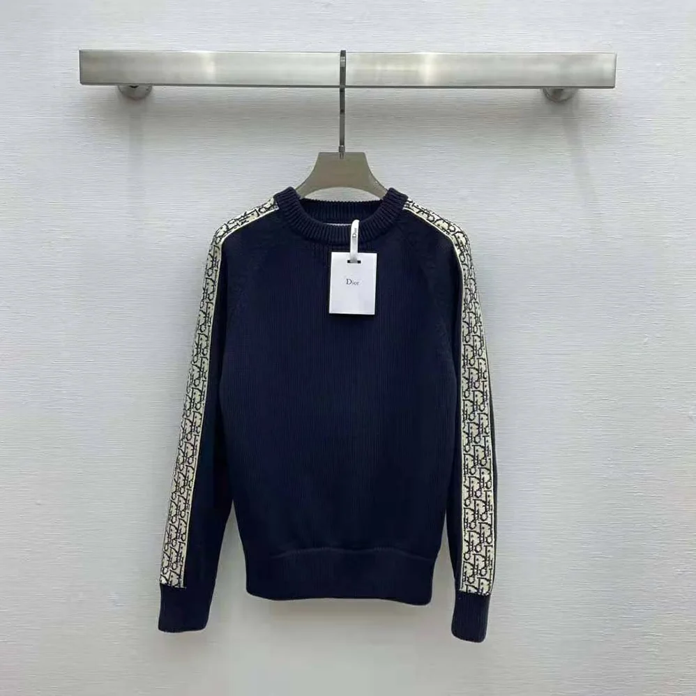 Dior Sweater with Dior Oblique Inserts Deep Blue Cotton Jersey for Men Dior Sweater with Dior Oblique Inserts Deep Blue Cotton Jersey for Men