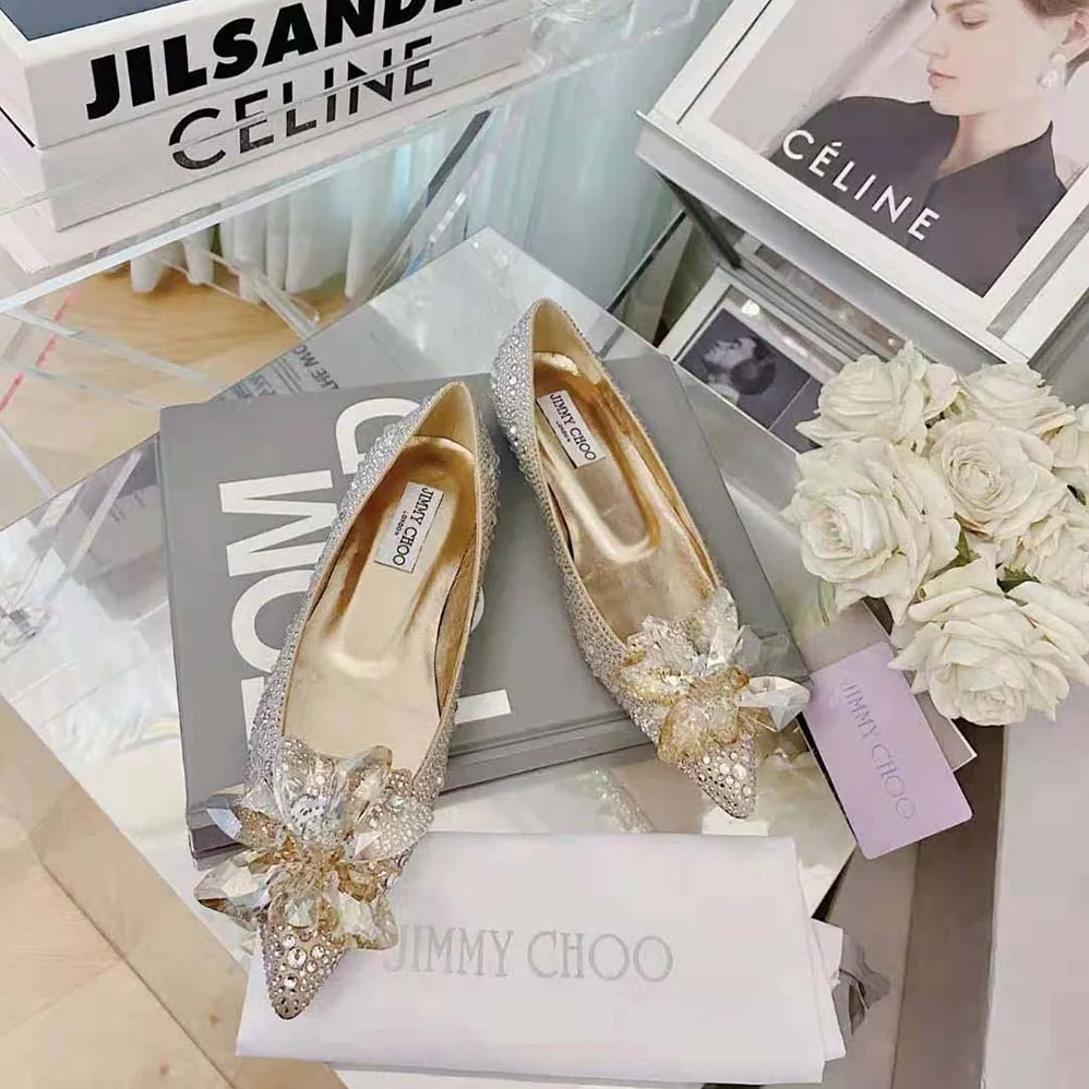 Jimmy Choo Attila Rose Gold Crystal Covered Pointy Toe Flats for Women Jimmy Choo Attila Rose Gold Crystal Covered Pointy Toe Flats for Women