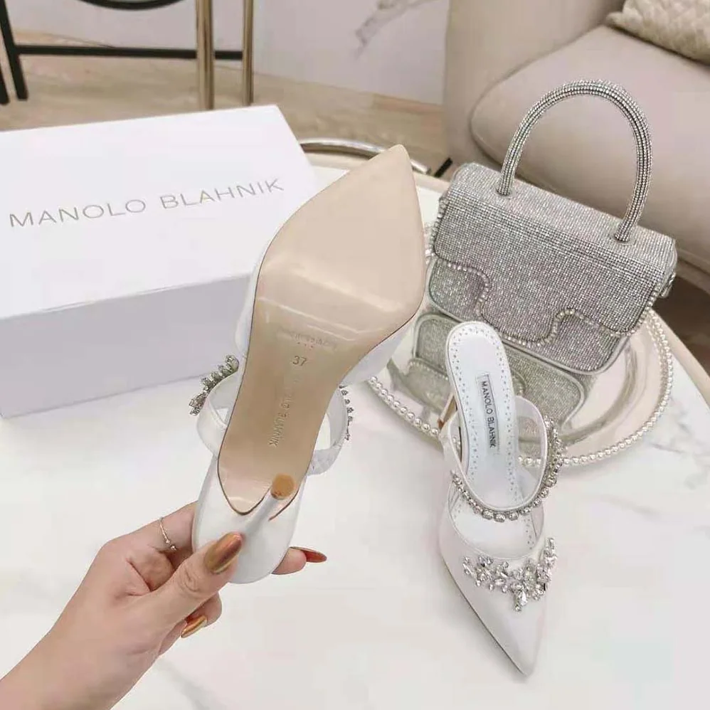 Manolo Blahnik White Satin Crystal Embellished Mules for Women