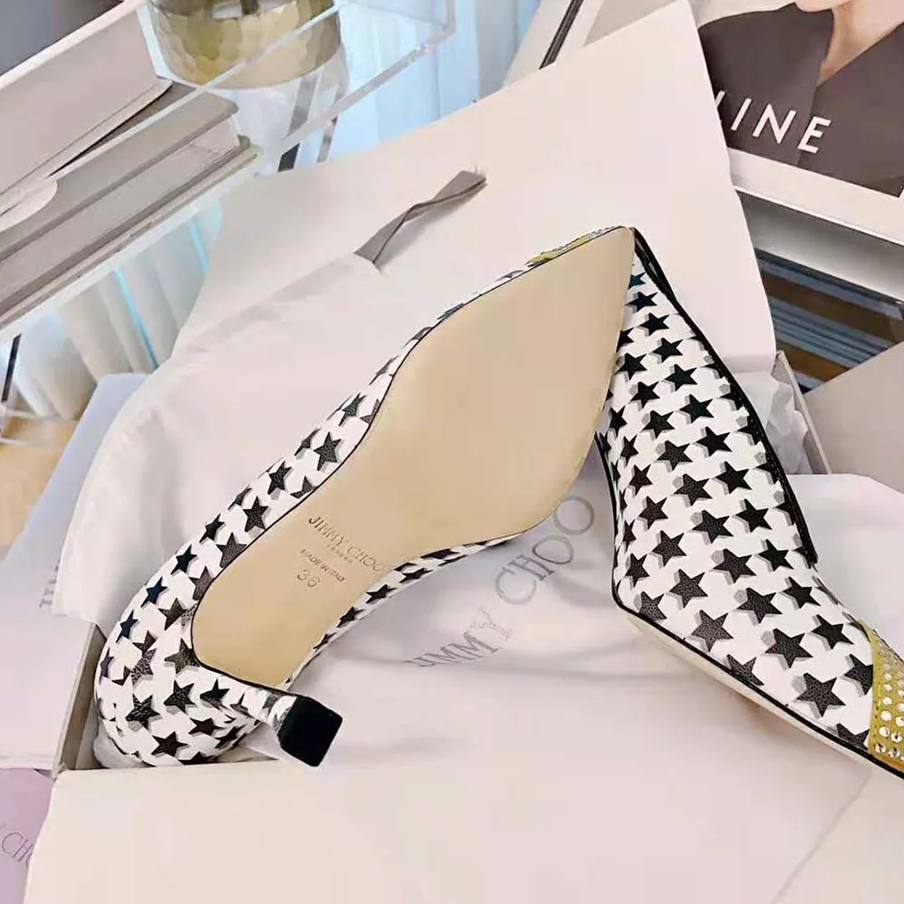 Jimmy Choo Nicole 90 Latte and Black Star Houndstooth Printed Wool Pumps for Women