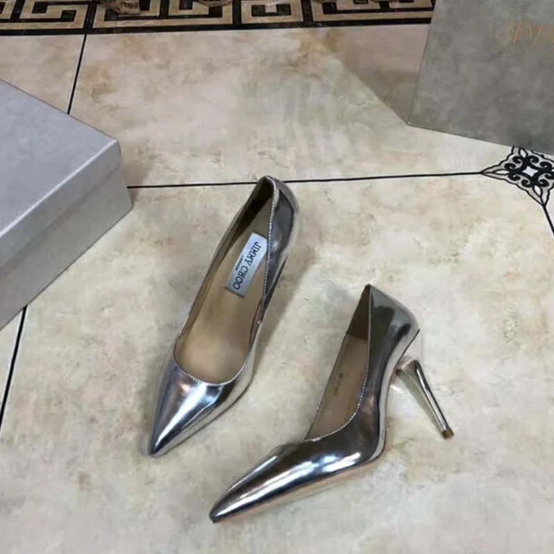 Jimmy Choo Shoes Romy 85 Silver Liquid Mirror Leather Pointy Toe Pumps for Women