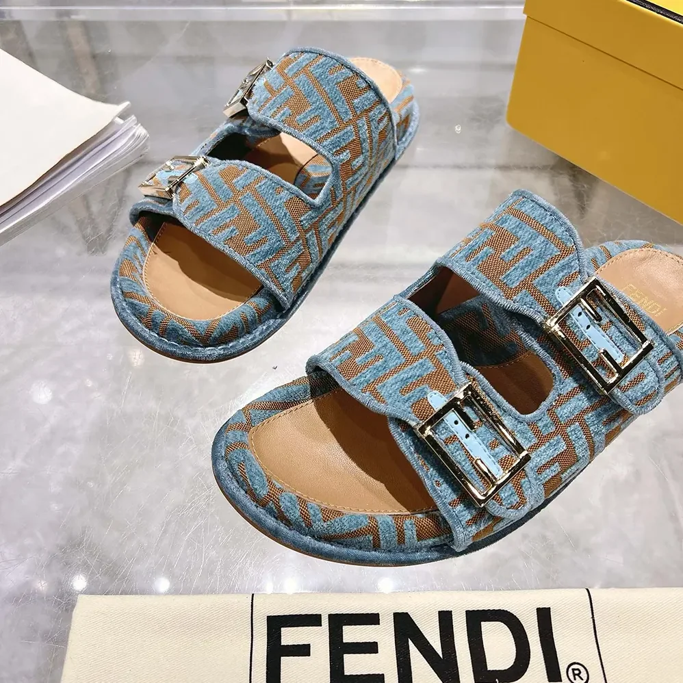 Fendi Feel Light Blue FF Jacquard Velvet Slides for Women