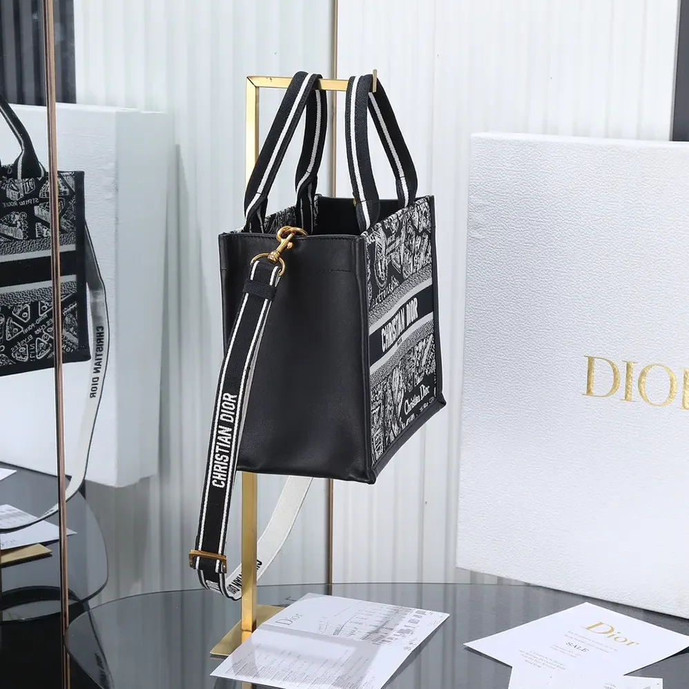 Dior Small Dior Book Tote Black and White Plan de Paris Embroidery with Black Calfskin for Women