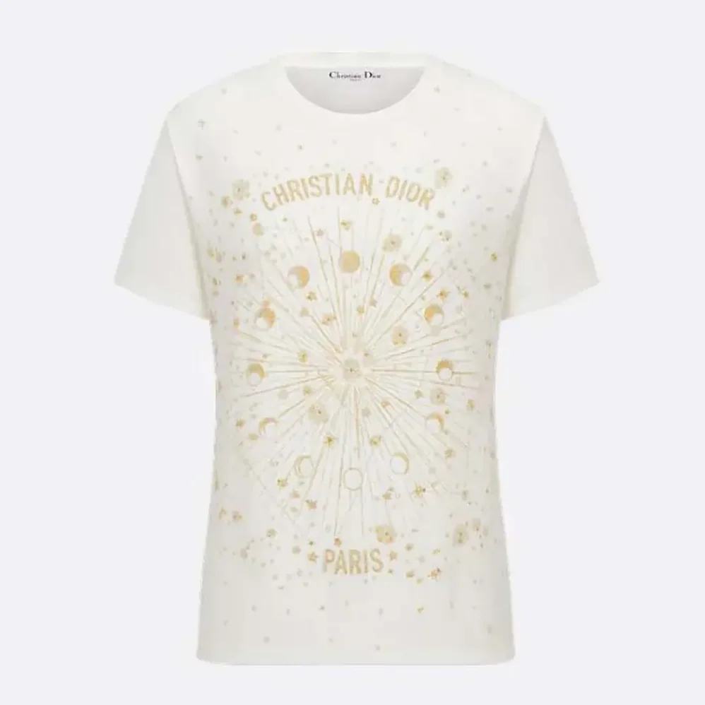 Dior Embroidered T-Shirt White Cotton Jersey with Gold for Women in Tone Dior Astral Motif