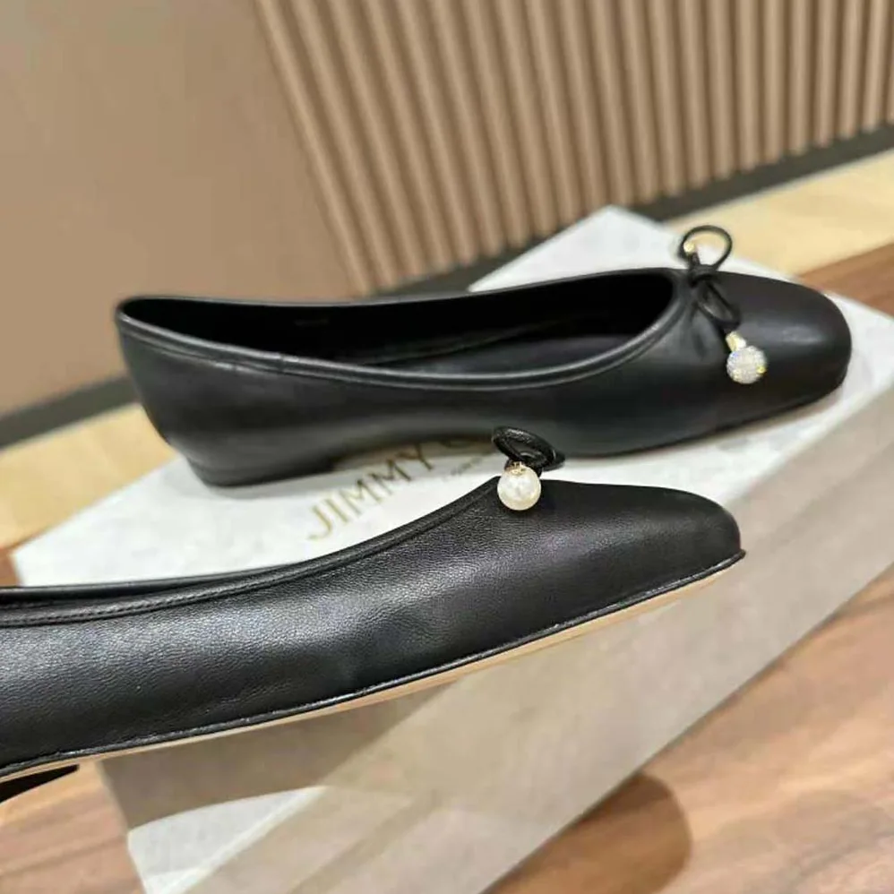 Jimmy Choo Elme Flat Black Nappa Leather Flats with Pearl Embellishment for Women Jimmy Choo Elme Flat Black Nappa Leather Flats with Pearl Embellishment for Women