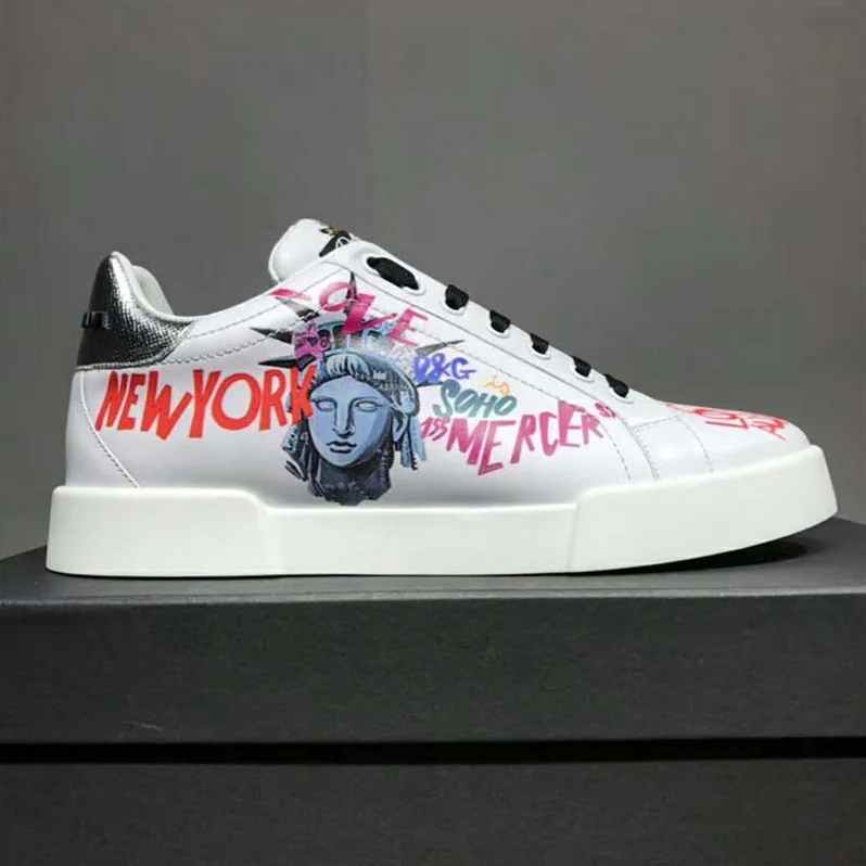 Dolce Gabbana D&G Shoes Portofino Sneakers in Printed Nappa Calfskin for Men in White