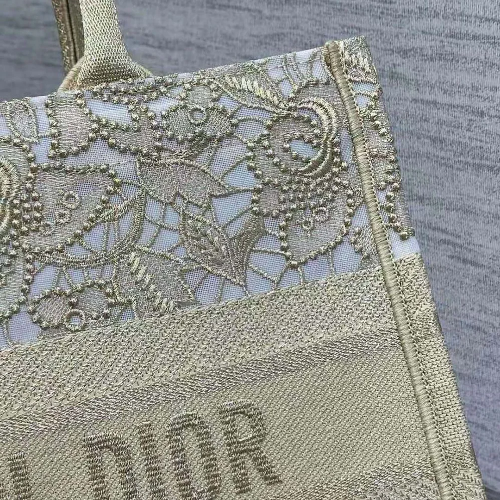 Dior Medium Dior or Dior Book Tote Gold-Tone D-Lace Embroidery with Macramé Effect for Women