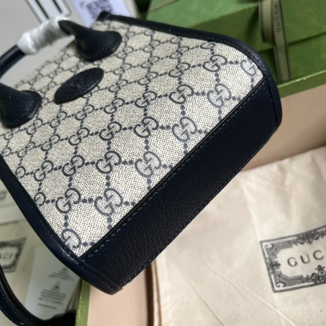 Gucci Mini Tote Bag With Interlocking G Beige And Blue GG Supreme Canvas /