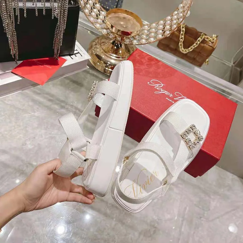 Roger Vivier Vivier Slide Trekky Strass Buckle Sandals in Fabrics for Women in White