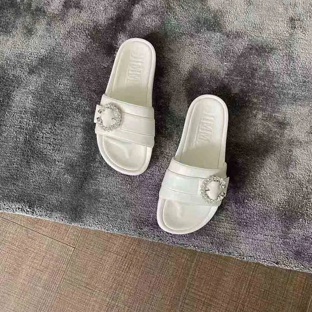 Jimmy Choo Fallon White Nappa Leather Slides with Crystal Buckle for Women Jimmy Choo Fallon White Nappa Leather Slides with Crystal Buckle for Women
