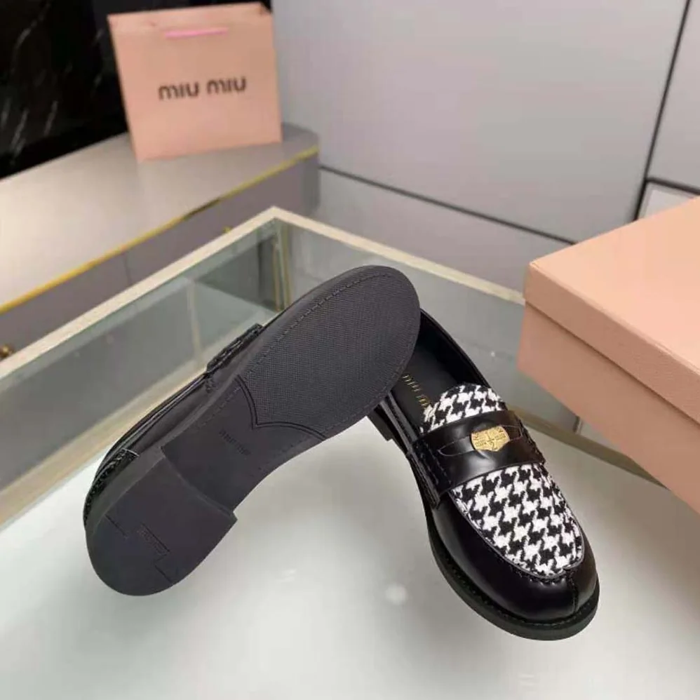 Miu Miu Brushed Leather and Gingham Check Fabric Loafers for Women