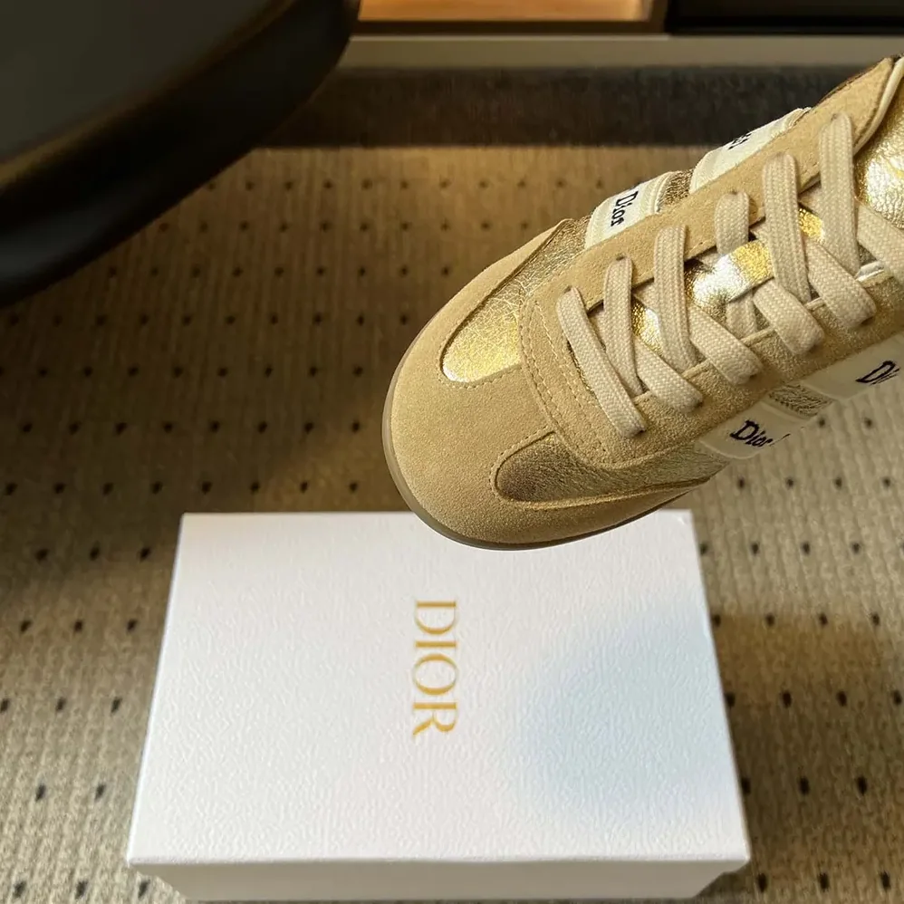 Dior Ribbon Sneaker Beige Suede Calfskin and Gold for Women in Tone Crinkled Laminated Lambskin Dior Ribbon Sneaker Beige Suede Calfskin and Gold for Women in Tone Crinkled Laminated Lambskin