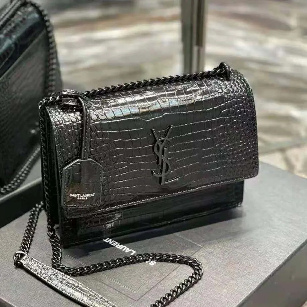 Saint Laurent YSL Sunset Medium in Crocodile Embossed Shiny Leather for Women in Black