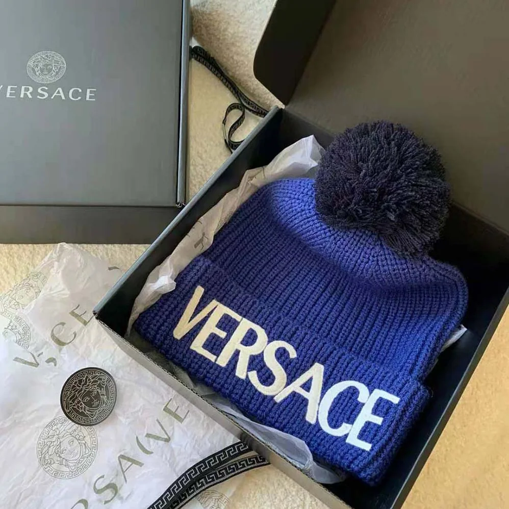Versace Logo Wool Cap Crafted From Plush for Women