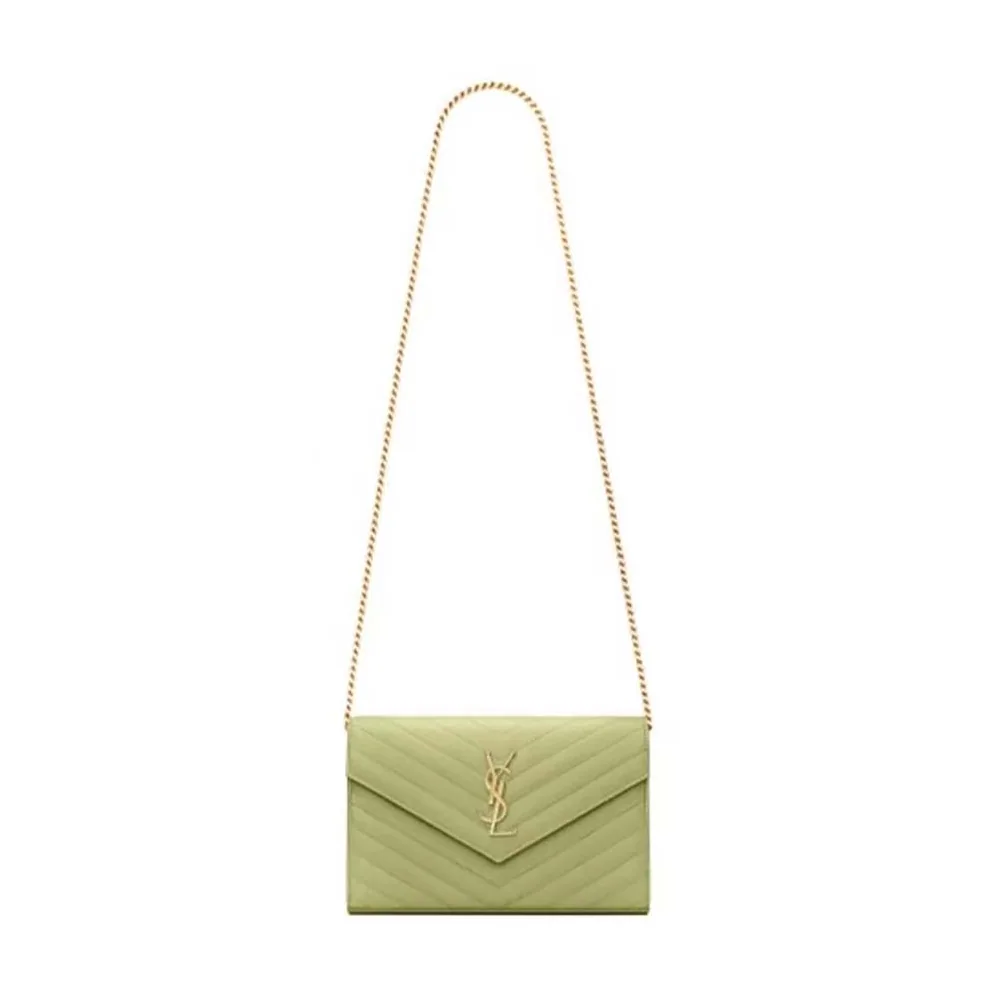 Saint Laurent Monogram Chain Wallet Grain De Poudre Embossed in Green Saint Laurent Monogram Chain Wallet Grain De Poudre Embossed in Green