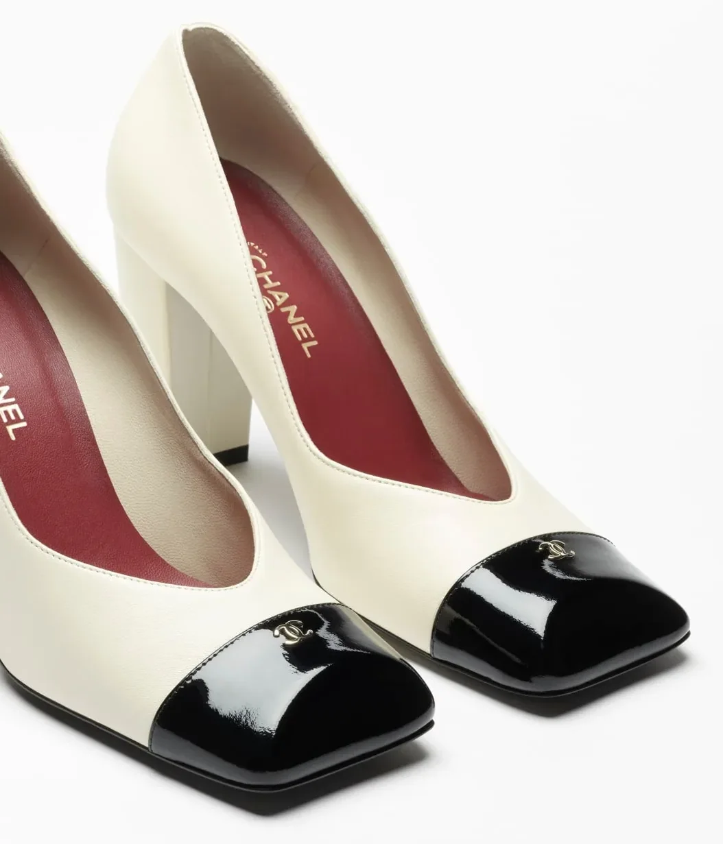 Chanel Block Heel Pumps Ivory/ Black --U9754