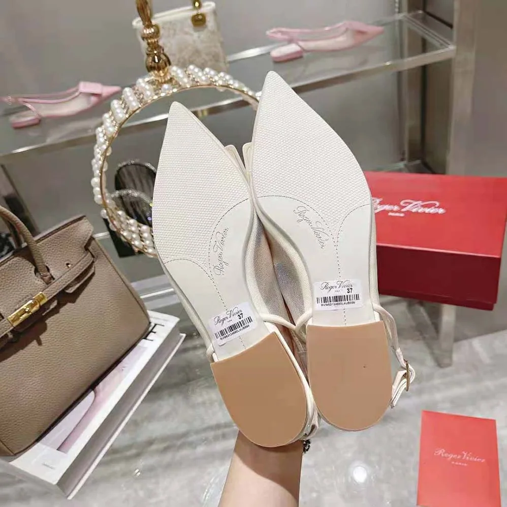 Roger Vivier Gommettine Net Lacquered Buckle Slingback Ballerinas in Fabric for Women in White