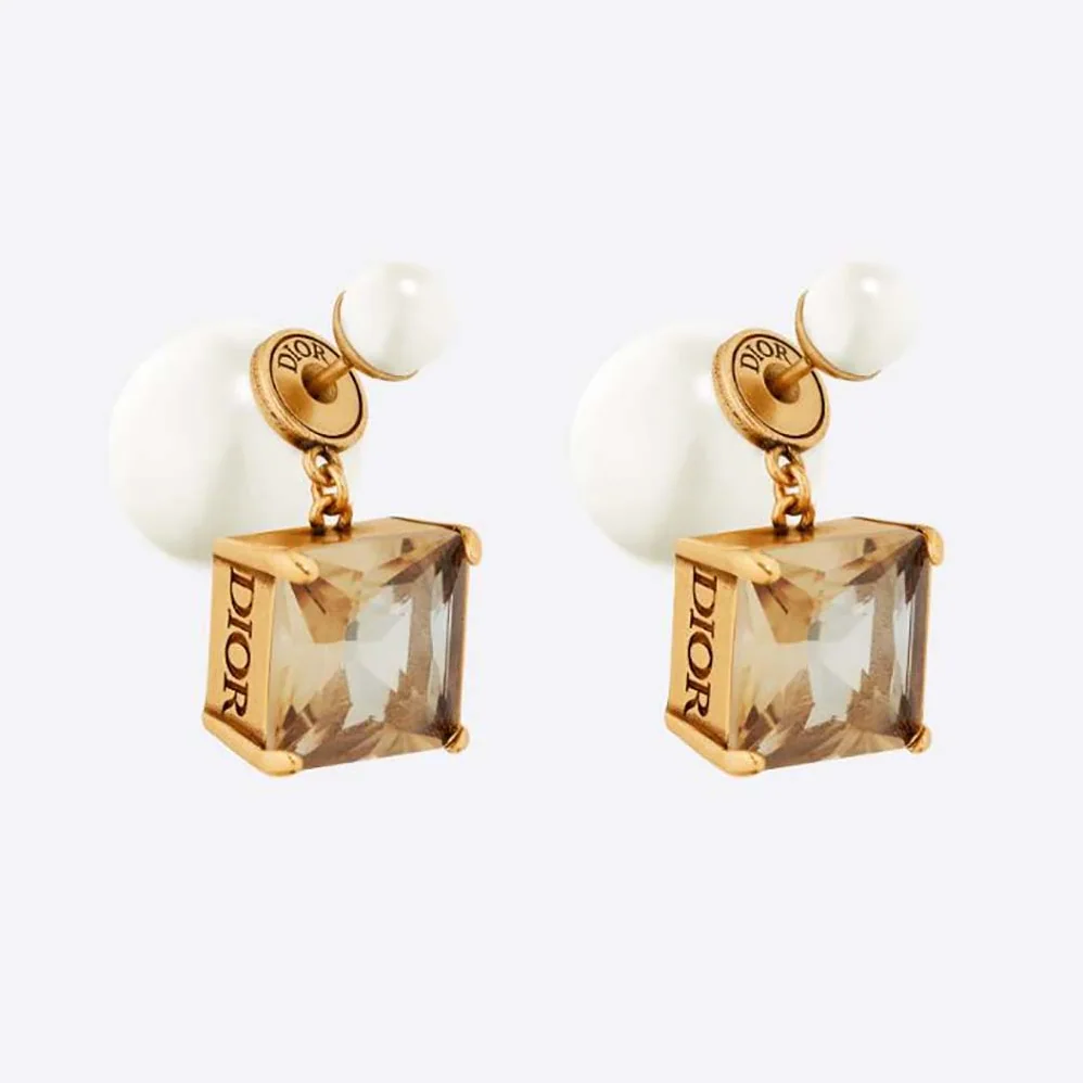 Dior Tribales Earrings Antique Gold-Finish Metal with White Resin Pearls and Citrine for Women