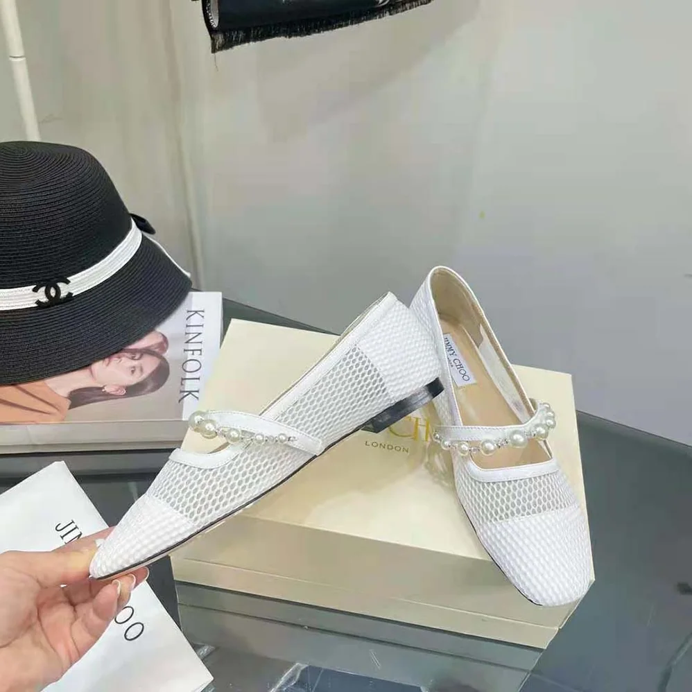 Jimmy Choo Ade Flat White Fishnet Mesh and Latte Nappa Flats with Pearl for Women in Embellished Strap