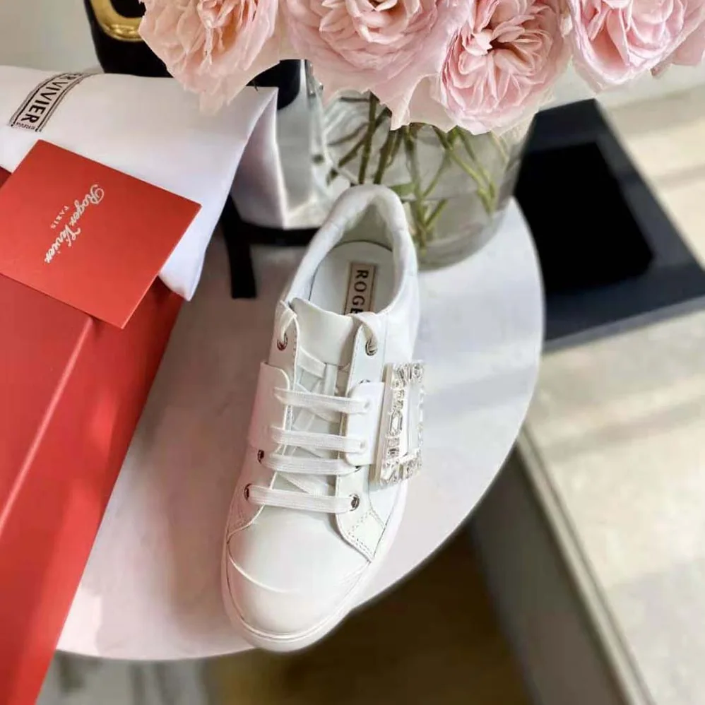 Roger Vivier Viv Skate Strass Buckle Sneakers in Soft Leather for Women in White