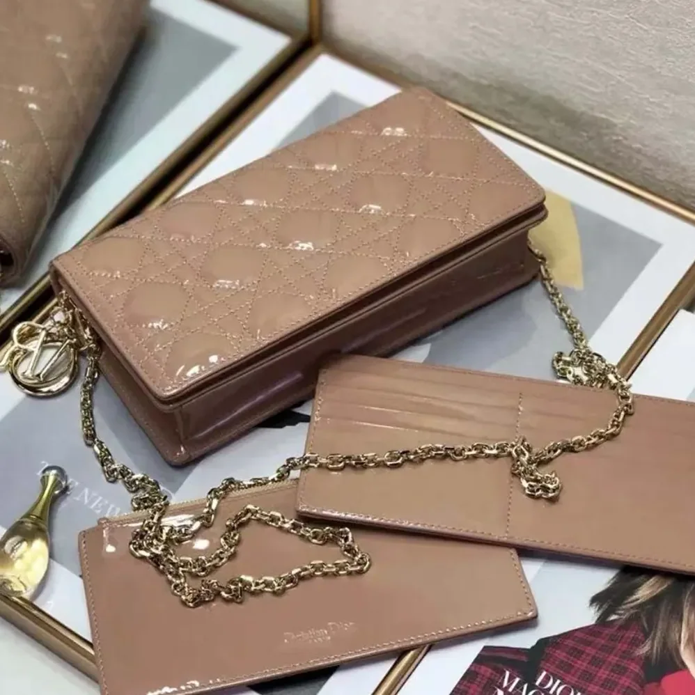 Dior Lady Dior Pouch Patent Cannage Calfskin in Sandy