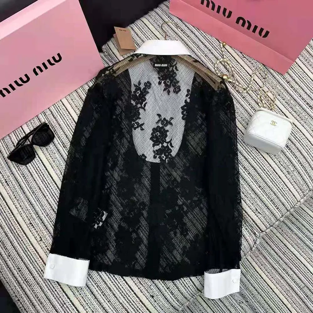 Miu Miu Lace Shirt with Knit Logo Label for Women in Black Miu Miu Lace Shirt with Knit Logo Label for Women in Black