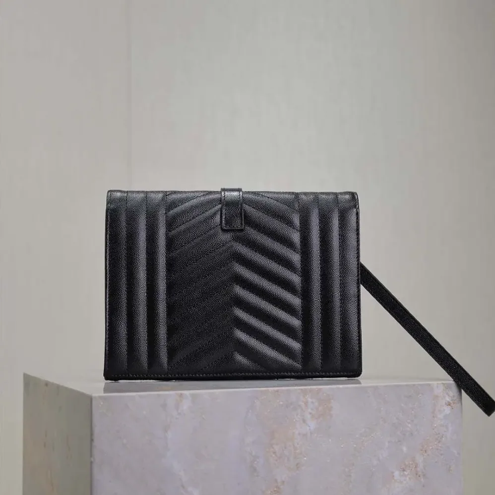 Saint Laurent YSL Envelope Flap Pouch In Mix Matelassé Grain De Poudre Leather Black for Women