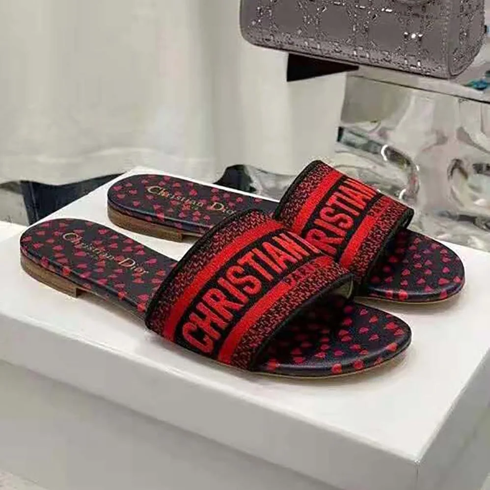 Dior Dway Slide Navy Blue and Red Hearts I Love Paris Embroidered Cotton for Women Dior Dway Slide Navy Blue and Red Hearts I Love Paris Embroidered Cotton for Women