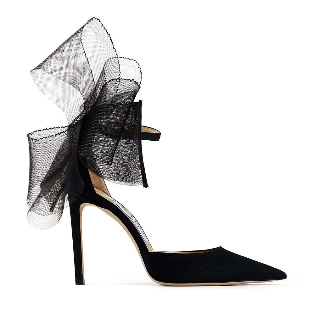 Jimmy Choo Averly 100 Black Pumps with Asymmetric Grosgrain Mesh Fascinator Bows for Women Jimmy Choo Averly 100 Black Pumps with Asymmetric Grosgrain Mesh Fascinator Bows for Women