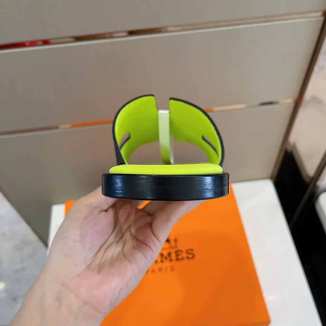Hermes Izmir Sandals Black in Fluorescent Yellow