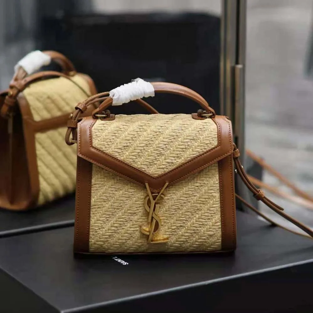 Saint Laurent YSL Cassandra Mini Top Handle Bag in Raffia and Vegetable for Women in tanned Leather Saint Laurent YSL Cassandra Mini Top Handle Bag in Raffia and Vegetable for Women in tanned Leather