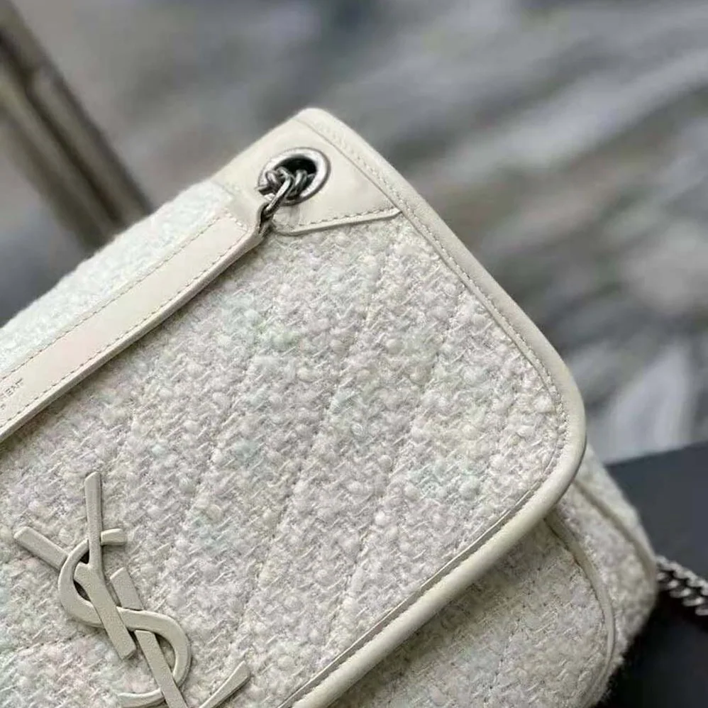 Saint Laurent YSL Niki Medium in Boucle Tweed and Smooth Leather for Women in White