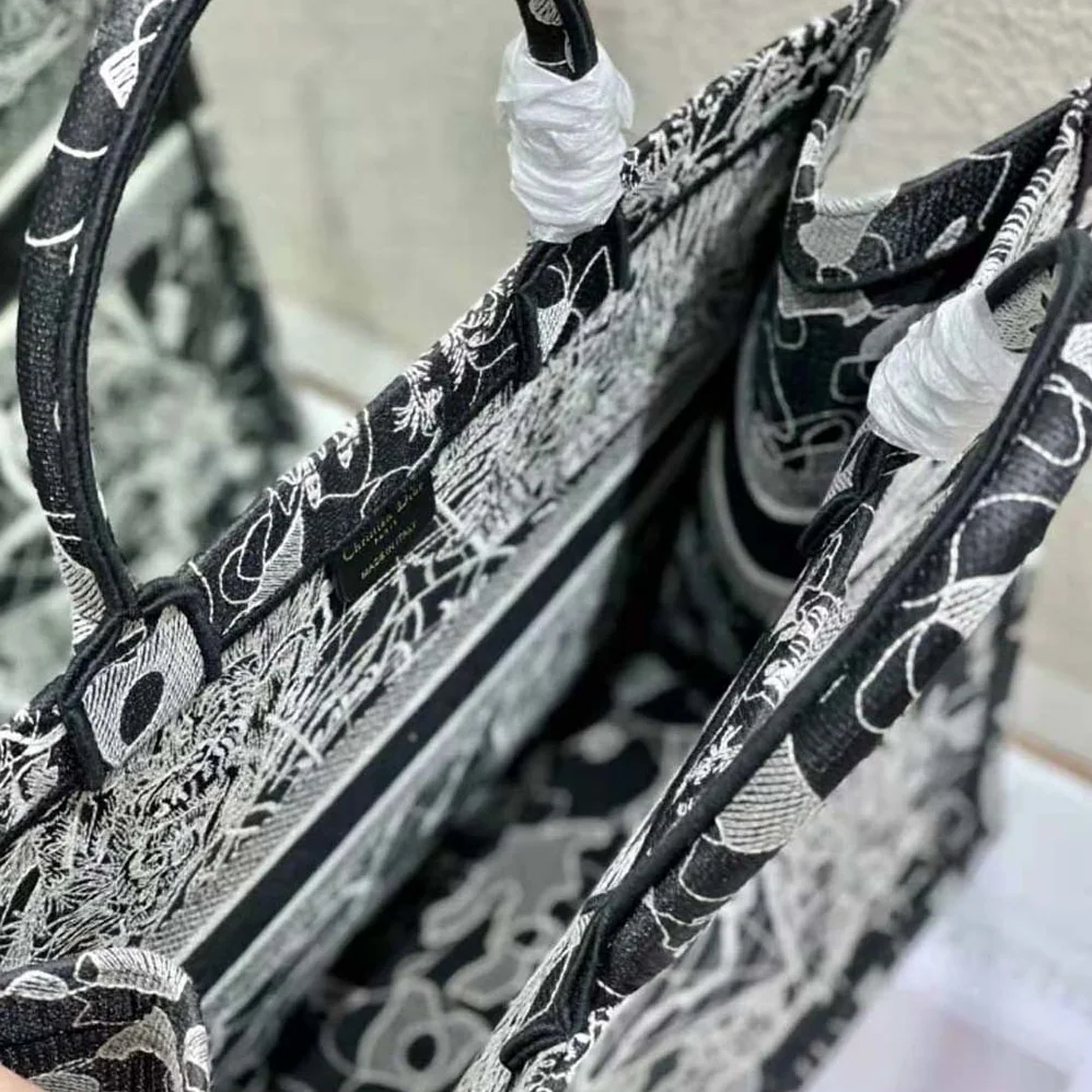Dior Book Tote Black and White Dior Around the World Embroidery for Women