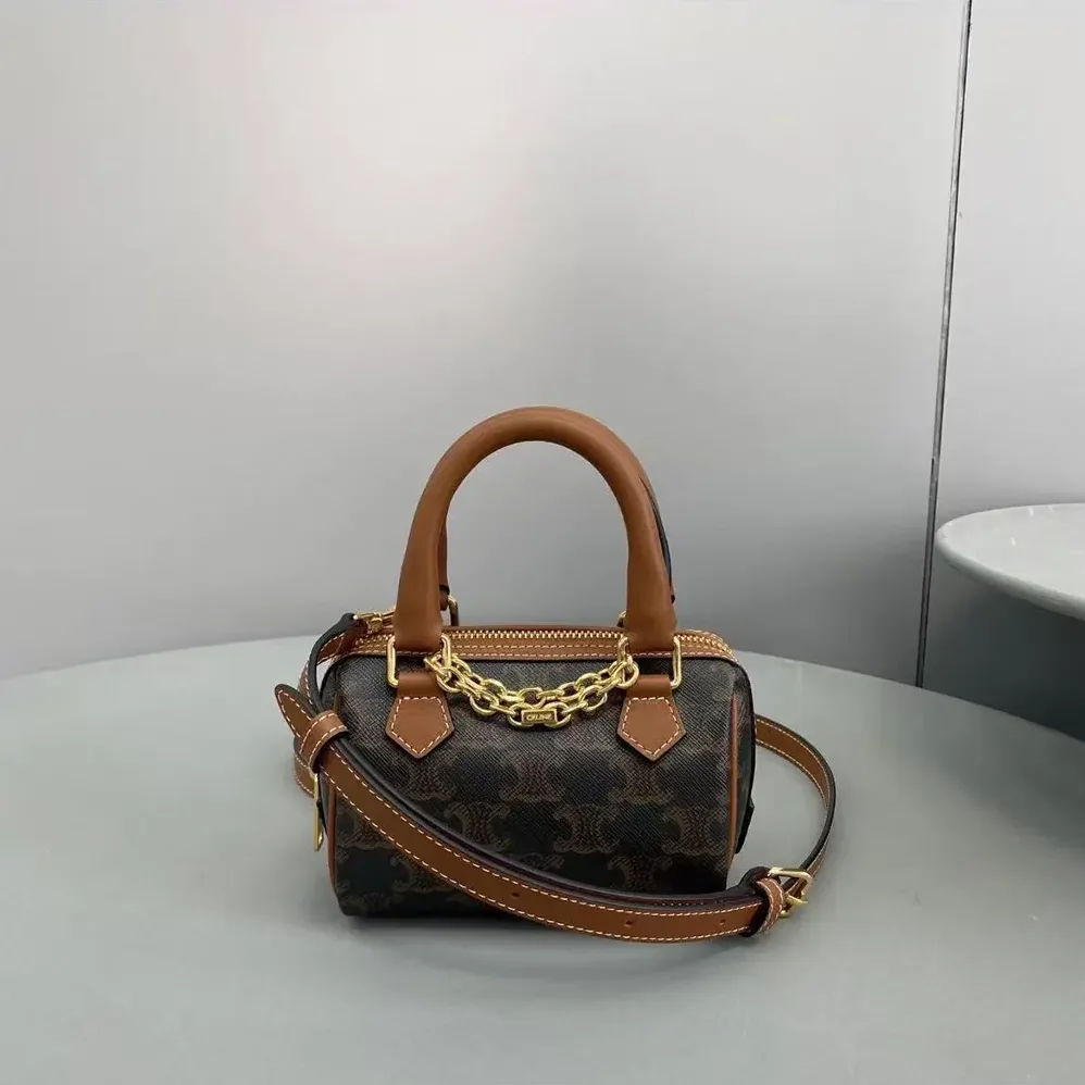 Celine Mini Boston in Triomphe Canvas and Calfskin for Women in Tan Celine Mini Boston in Triomphe Canvas and Calfskin for Women in Tan