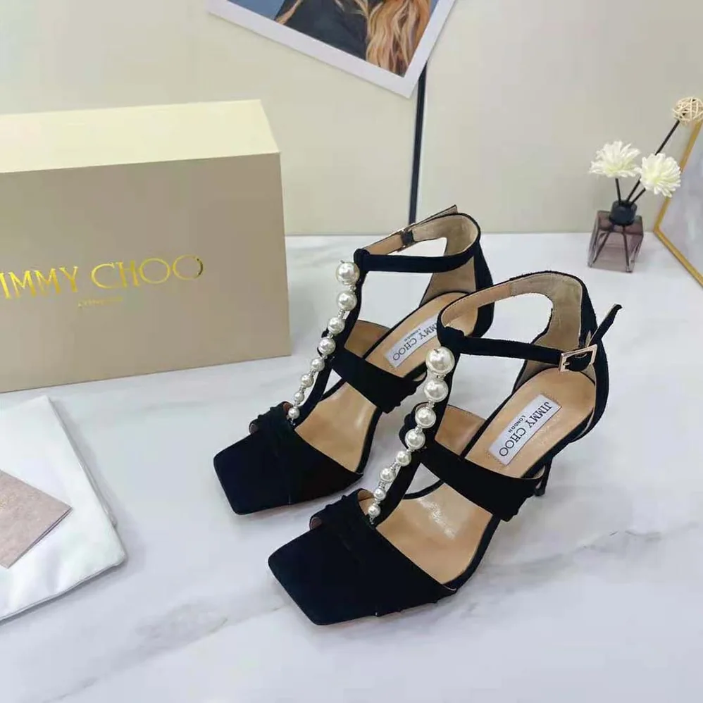 Jimmy Choo Aura 95 Black Suede Sandals with Pearls and Crystals for Women Jimmy Choo Aura 95 Black Suede Sandals with Pearls and Crystals for Women