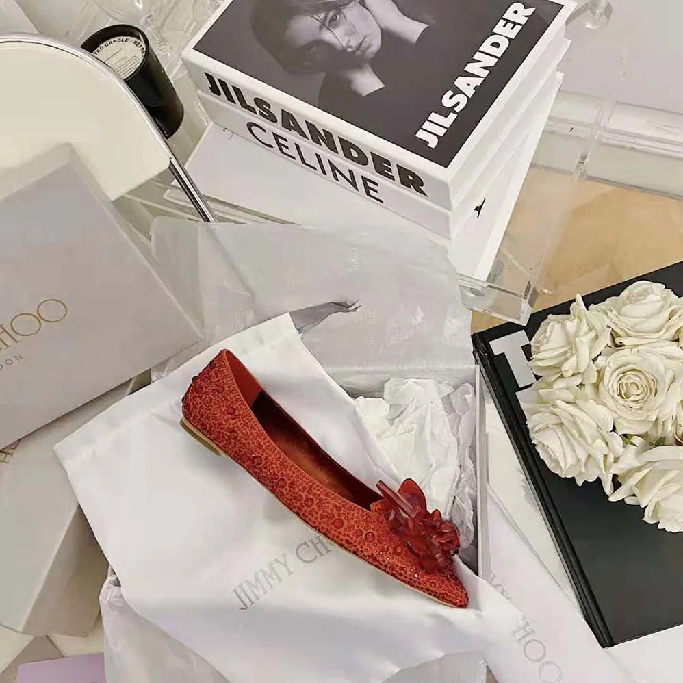 Jimmy Choo Attila Red Crystal Covered Pointy Toe Flats for Women Jimmy Choo Attila Red Crystal Covered Pointy Toe Flats for Women