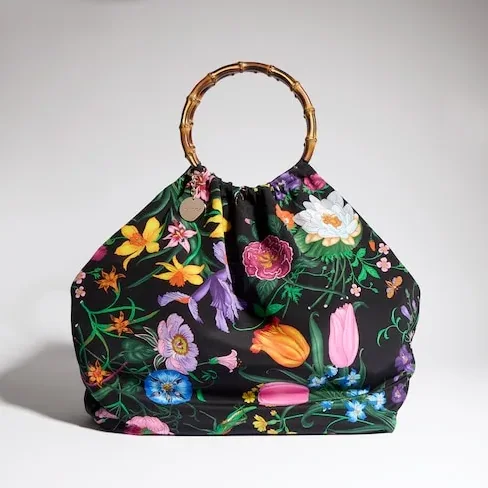 Gucci Silk Maxi With Bamboo Handle Tote Bag in Black/ Multicolor Gold Hardware