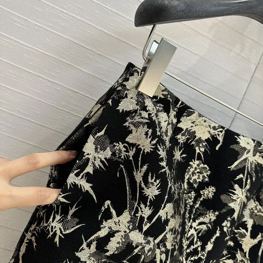 Dior Mid-Length Straight Skirt Black Technical Fabric with Gold for Women in Tone Dior Chardons Motif